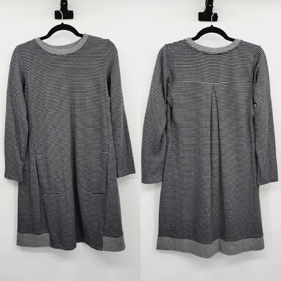 J. Jill Dress Pleated Back Grey/Black Stripe Crew Neck Casual Dress w/ Pockets S - Picture 1 of 12